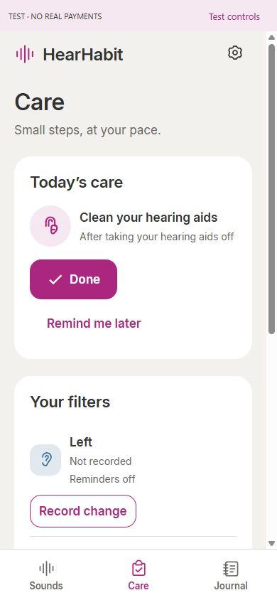 HearHabit Care tab with daily cleaning and separate left and right filter records